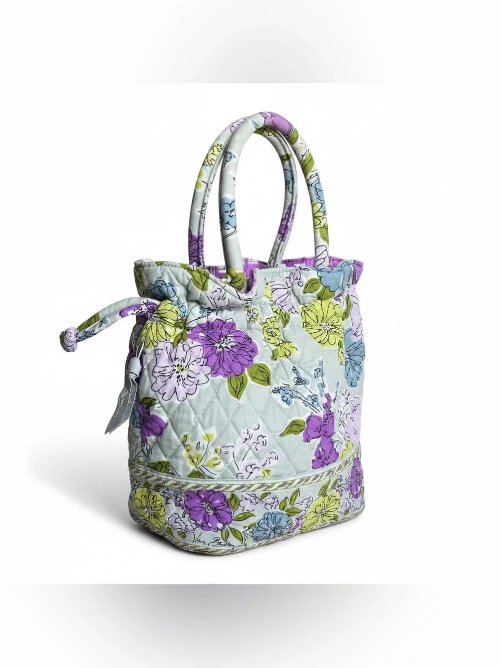 Vera Bradley Watercolor Floral Quilted Tote Drawstring Bag Colorful Purple Gray